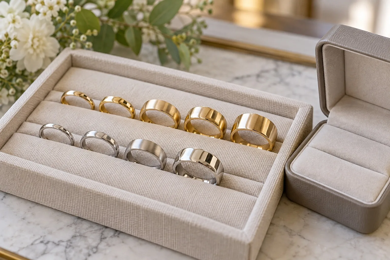 Schlichte Ringmuster in verschiedenen Breiten und Metallfarben auf einem neutralen Tablett